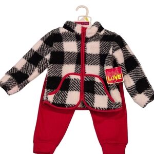 Real Love Toddler 2 Piece Fleece Red Plaid Full Zip Top & Pants Size 2t NWT